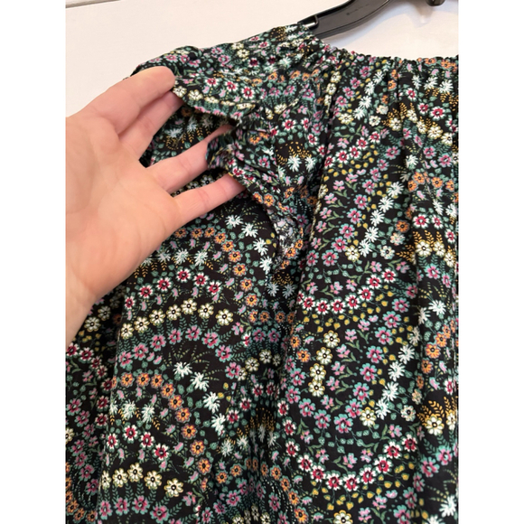 New LOFT Garden Dobby Tie Back Ruffle Blouse Black Calico Floral Cottagecore XS - Picture 6 of 11